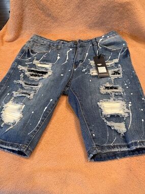 Men's Distressed Paint-Splatter Denim Shorts - Blue